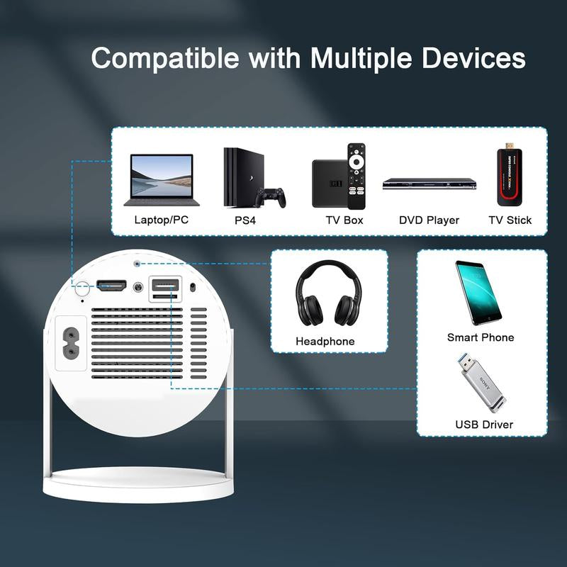 XBJ Mini Portable Projector with Wifi and BT5, 4K Support.Auto Keystone Adjustment, Pneumatic Mouse Remotecontrol for Outdoor/Bedroom Audio Watch