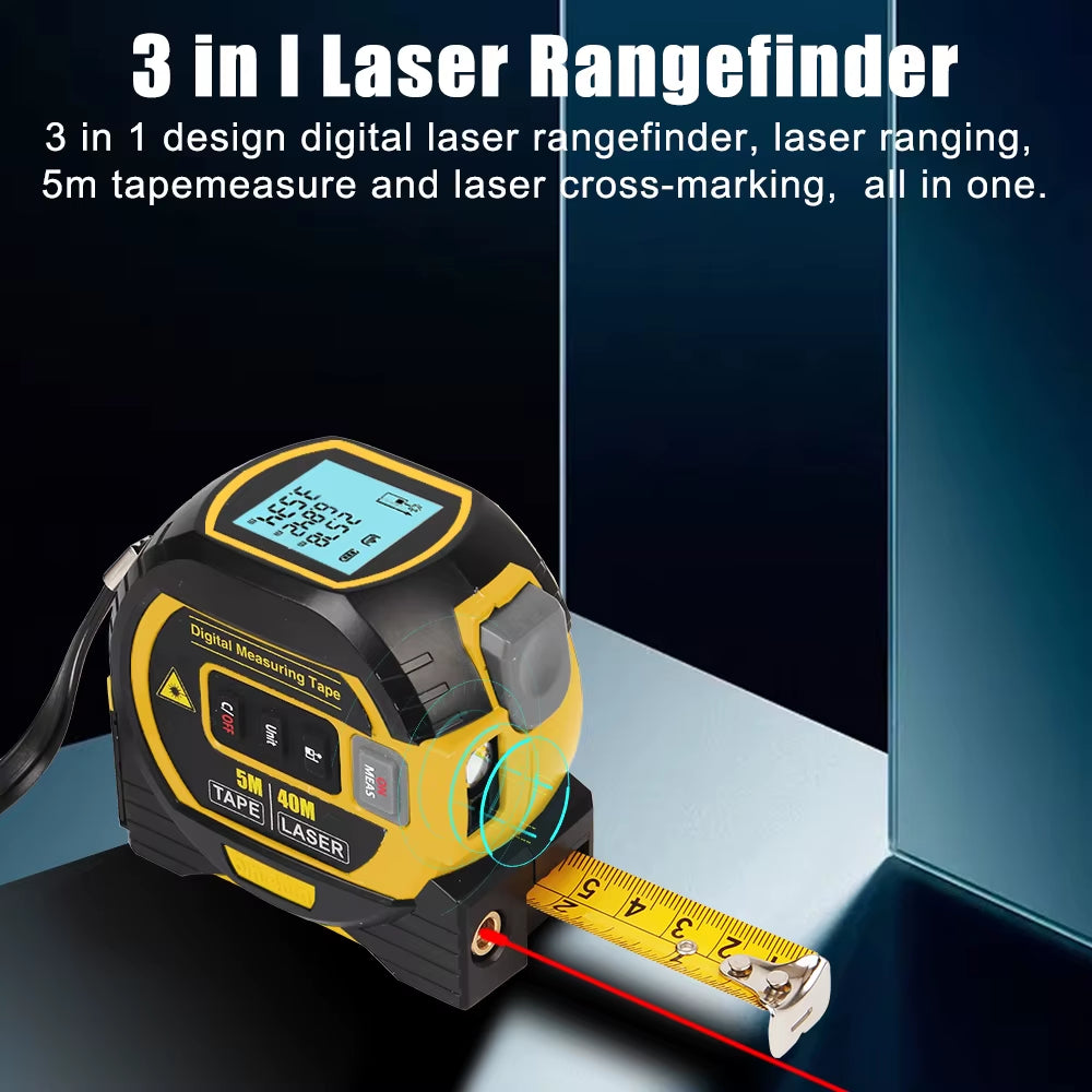 3 in 1 Distance Meter Tape Measure Ruler Laser Rangefinder Building Measurement Device 5M LCD Display with Backlight