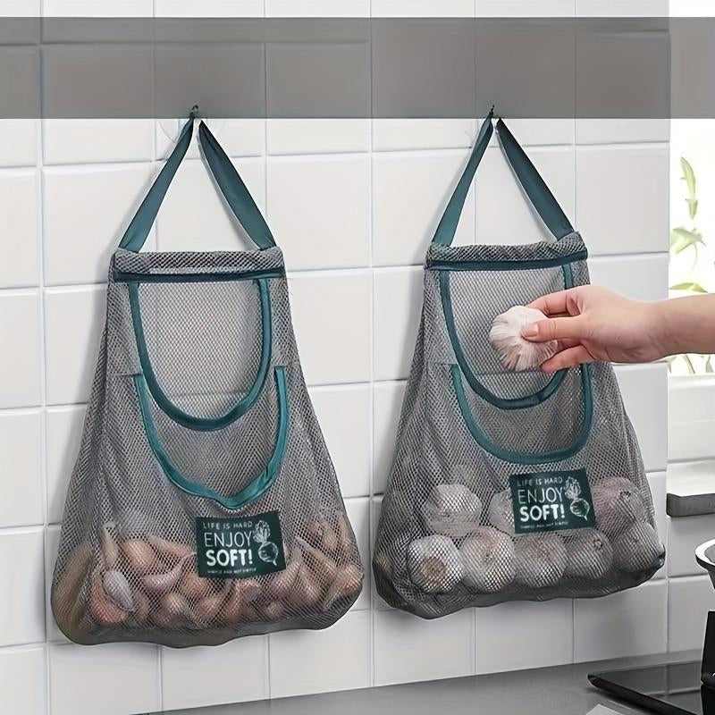Kitchen Storage Bag,Organiser,Hollow Out Wall Mounted Storage Bag, Multifunctional Storage Bag for Fruit & Vegetable & Ginger & Garlic