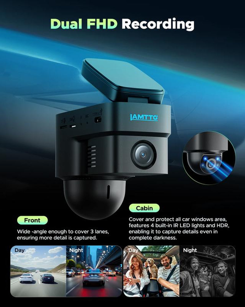 LAMTTO 4G LTE Security Camera- Real-Time Remote Viewing on Phone, Human & Radar Detection, 24/7 Live GPS Tracking & Dual-Channel with Rear Camera IR Night Vision,Obd Powered with Built-In SIM (AT&T)