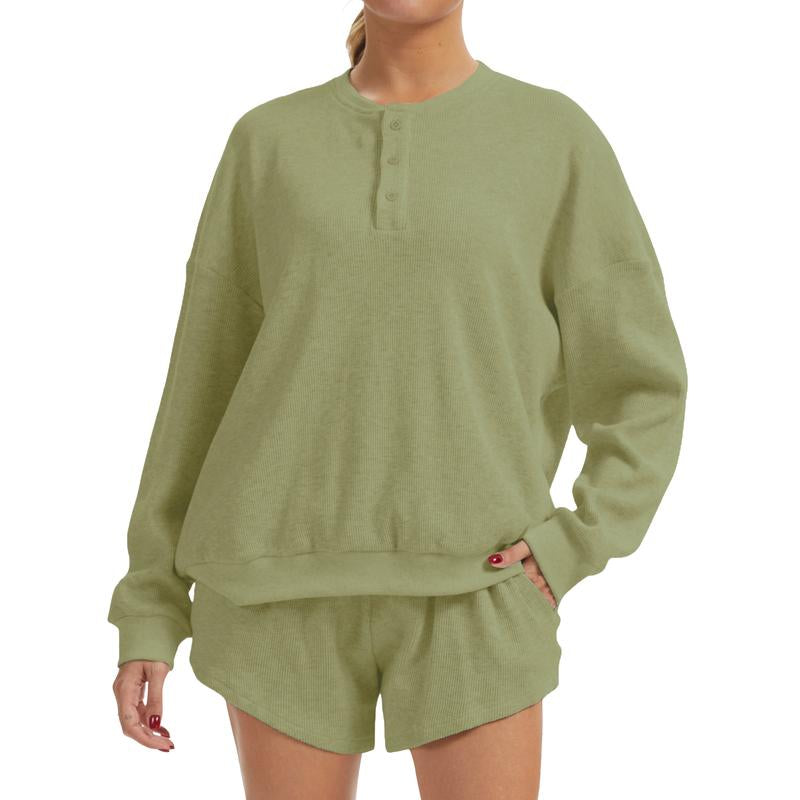 Anotherchill Women'S Oversized Waffle Knit Lounge Set – Long Sleeve Henley Sweatshirt and High Waisted Shorts 2 Piece Casual Outfit