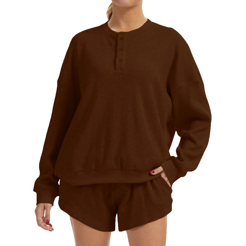 Anotherchill Women'S Oversized Waffle Knit Lounge Set – Long Sleeve Henley Sweatshirt and High Waisted Shorts 2 Piece Casual Outfit