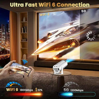 XBJ Mini Portable Projector with Wifi and BT5, 4K Support.Auto Keystone Adjustment, Pneumatic Mouse Remotecontrol for Outdoor/Bedroom Audio Watch