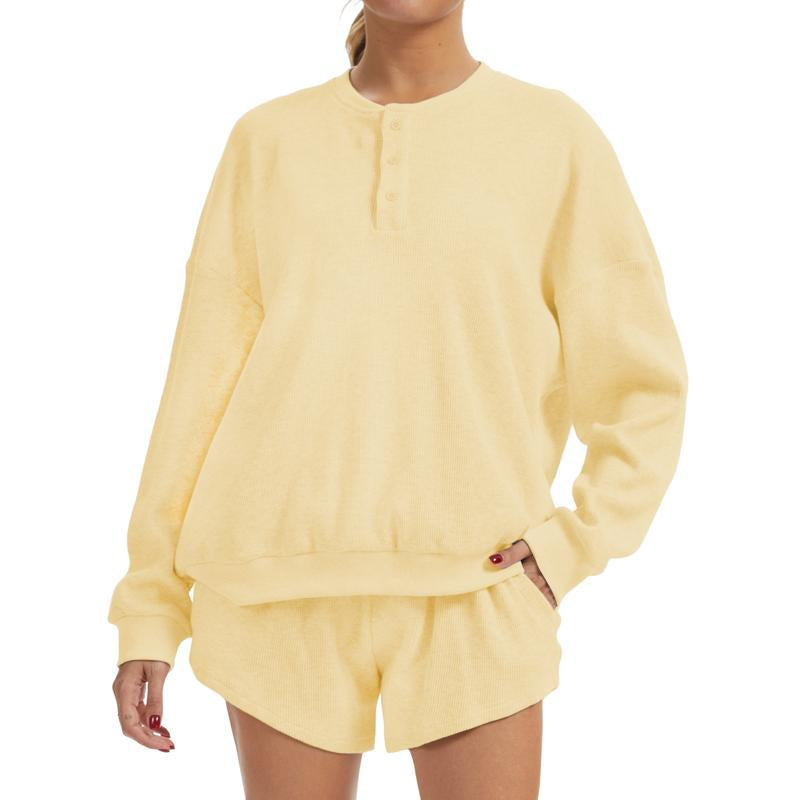 Anotherchill Women'S Oversized Waffle Knit Lounge Set – Long Sleeve Henley Sweatshirt and High Waisted Shorts 2 Piece Casual Outfit