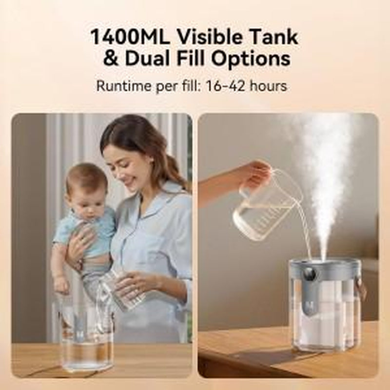 Smart Humidifiers for Bedroom, Rechargeable Top Fill Humidifier with Night Light, 1.4L Cool Mist Humidifier for Office Home Plant and Baby, 3-Speed Mist Control, Quiet, Auto Shut-Off Durable Automatic