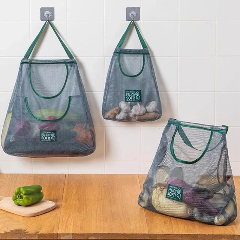 Kitchen Storage Bag,Organiser,Hollow Out Wall Mounted Storage Bag, Multifunctional Storage Bag for Fruit & Vegetable & Ginger & Garlic