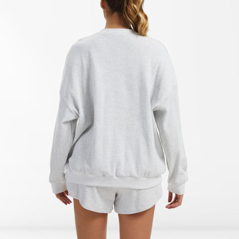 Anotherchill Women'S Oversized Waffle Knit Lounge Set – Long Sleeve Henley Sweatshirt and High Waisted Shorts 2 Piece Casual Outfit