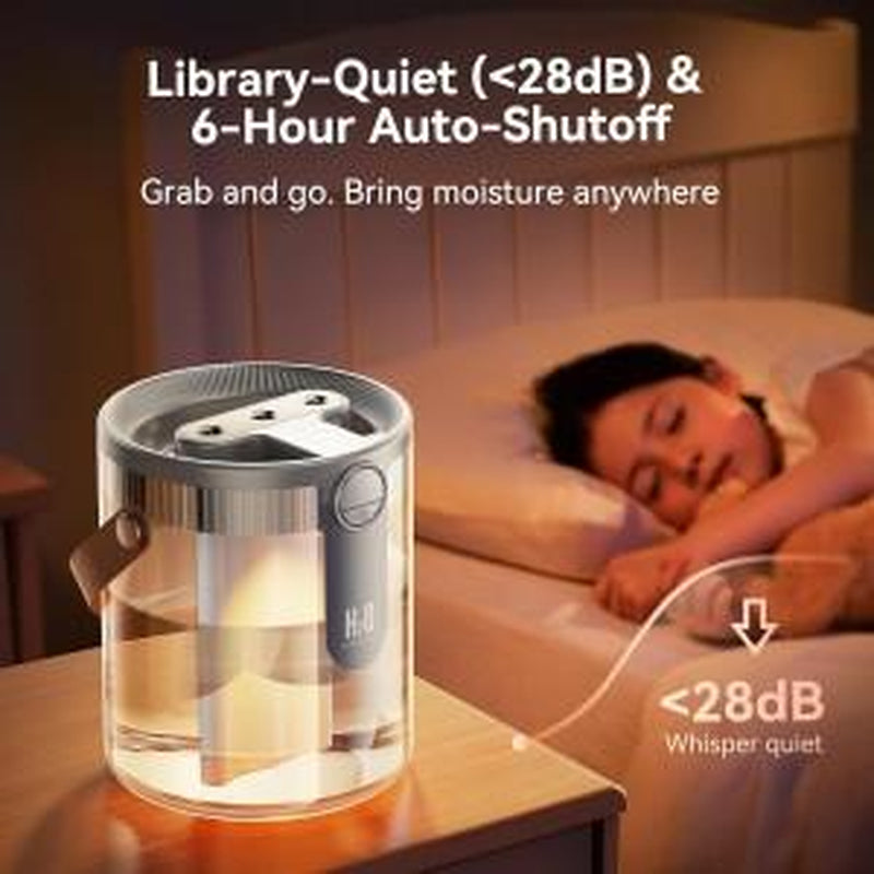 Smart Humidifiers for Bedroom, Rechargeable Top Fill Humidifier with Night Light, 1.4L Cool Mist Humidifier for Office Home Plant and Baby, 3-Speed Mist Control, Quiet, Auto Shut-Off Durable Automatic