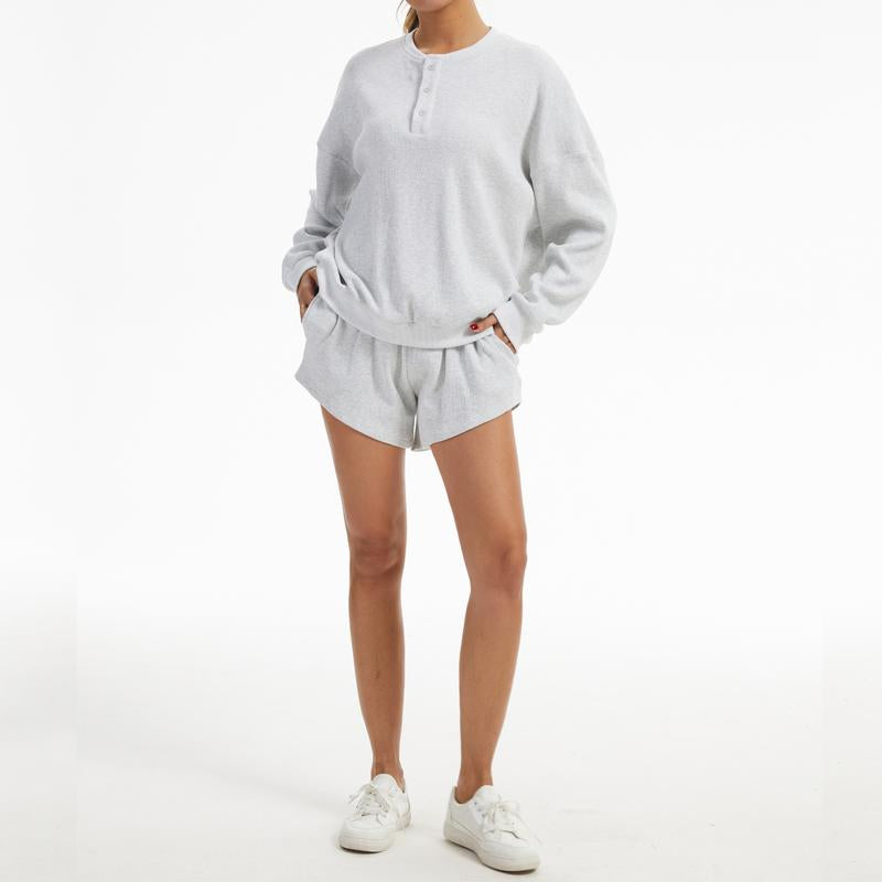 Anotherchill Women'S Oversized Waffle Knit Lounge Set – Long Sleeve Henley Sweatshirt and High Waisted Shorts 2 Piece Casual Outfit