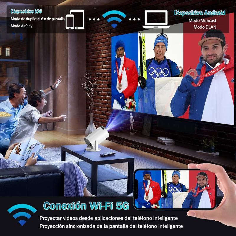 XBJ Mini Portable Projector with Wifi and BT5, 4K Support.Auto Keystone Adjustment, Pneumatic Mouse Remotecontrol for Outdoor/Bedroom Audio Watch