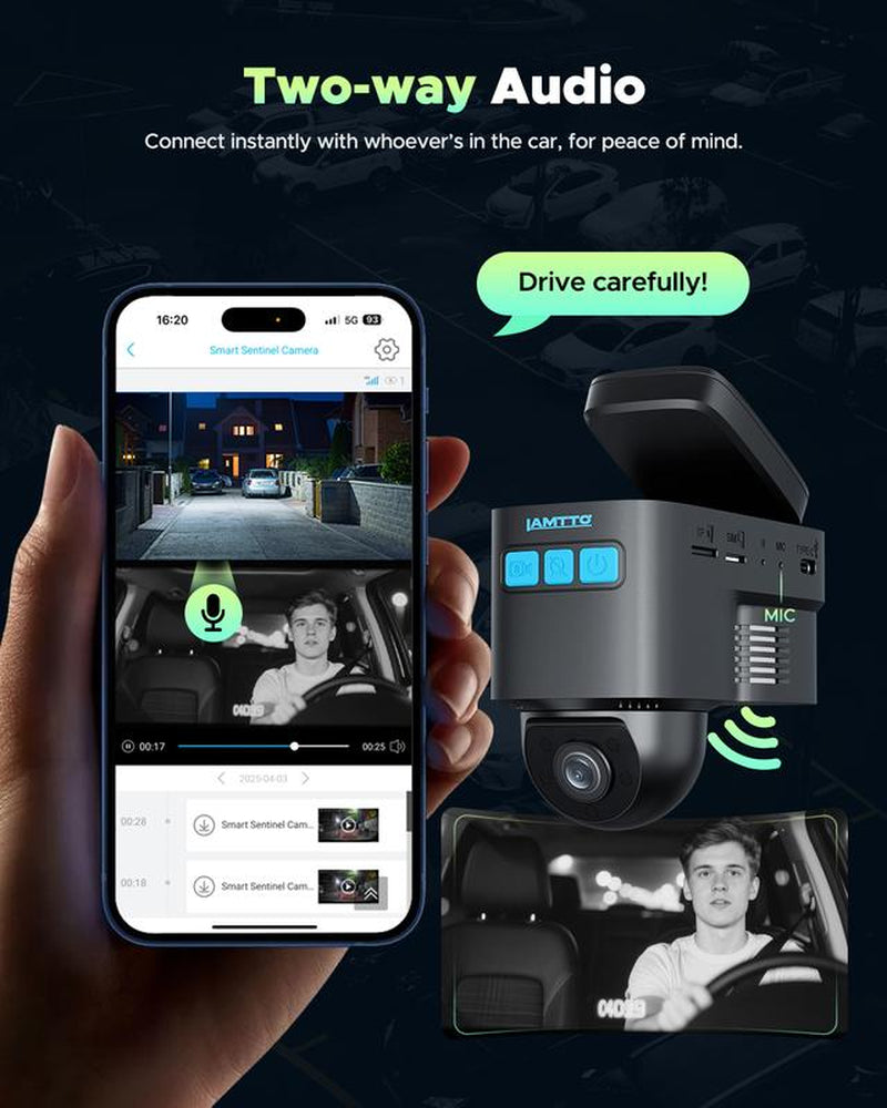 LAMTTO 4G LTE Security Camera- Real-Time Remote Viewing on Phone, Human & Radar Detection, 24/7 Live GPS Tracking & Dual-Channel with Rear Camera IR Night Vision,Obd Powered with Built-In SIM (AT&T)