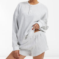 Anotherchill Women'S Oversized Waffle Knit Lounge Set – Long Sleeve Henley Sweatshirt and High Waisted Shorts 2 Piece Casual Outfit