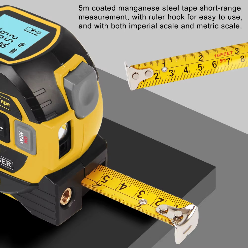 3 in 1 Distance Meter Tape Measure Ruler Laser Rangefinder Building Measurement Device 5M LCD Display with Backlight