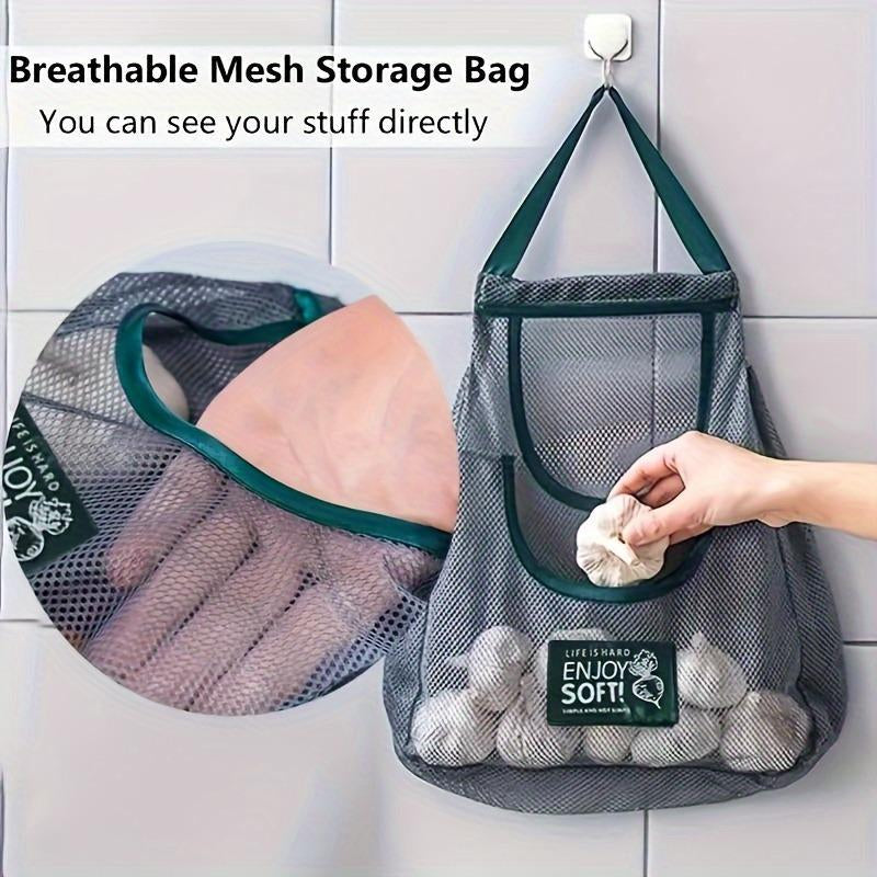 Kitchen Storage Bag,Organiser,Hollow Out Wall Mounted Storage Bag, Multifunctional Storage Bag for Fruit & Vegetable & Ginger & Garlic