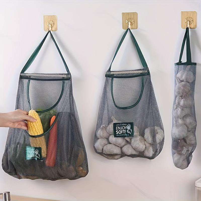 Kitchen Storage Bag,Organiser,Hollow Out Wall Mounted Storage Bag, Multifunctional Storage Bag for Fruit & Vegetable & Ginger & Garlic