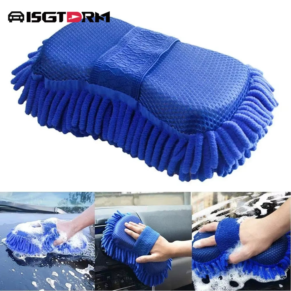 ISGTDRM 1PCS Car Towels Car Wash Gloves Blue Microfiber Chenille Car Wash Sponge Care Washing Brush Pads Cleaning Handheld Tools