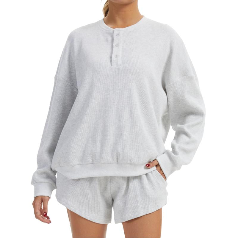 Anotherchill Women'S Oversized Waffle Knit Lounge Set – Long Sleeve Henley Sweatshirt and High Waisted Shorts 2 Piece Casual Outfit